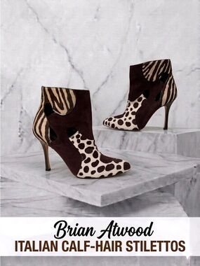 Brian Atwood Camoscio Animal Print Calf Hair Stiletto Booties Size 38.5 Exc Cond